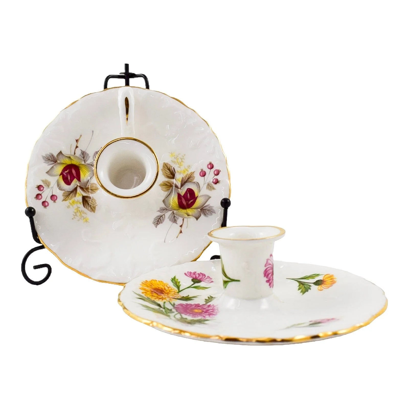 Hammersley and Co pair of bone china chambersticks moulded with scrolls and gilded