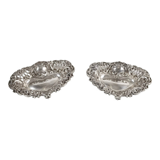 Victorian sterling silver pair of pin trays / trinket dishes heart-shaped embossed with scrolls and flowers, Henry Matthews, 1900