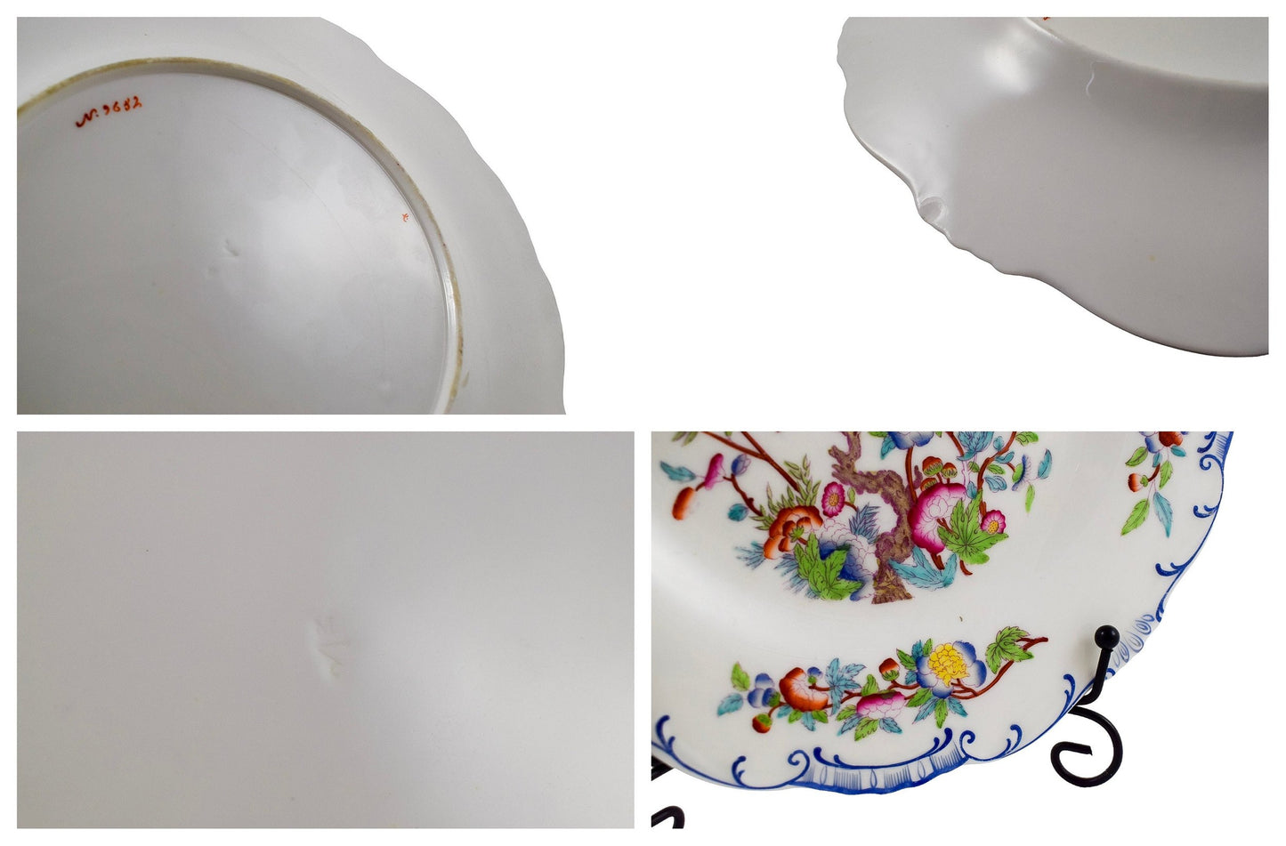 Set of six Victorian Minton porcelain Chinoiserie Indian tree dessert plates, scalloped moulded edges