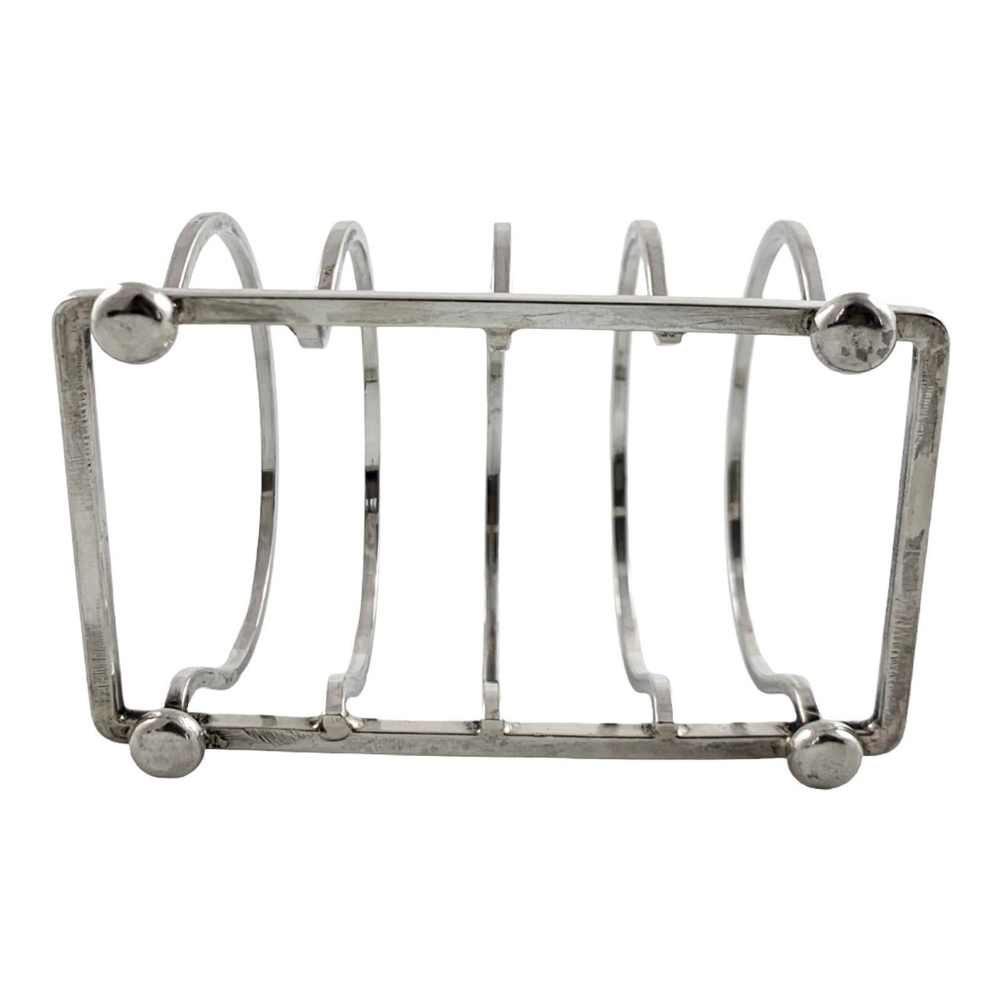 George V round sterling silver 4 slot 5 bar toast rack raised on bun feet, Walker & Hall