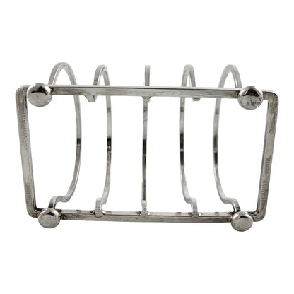 George V round sterling silver 4 slot 5 bar toast rack raised on bun feet, Walker & Hall