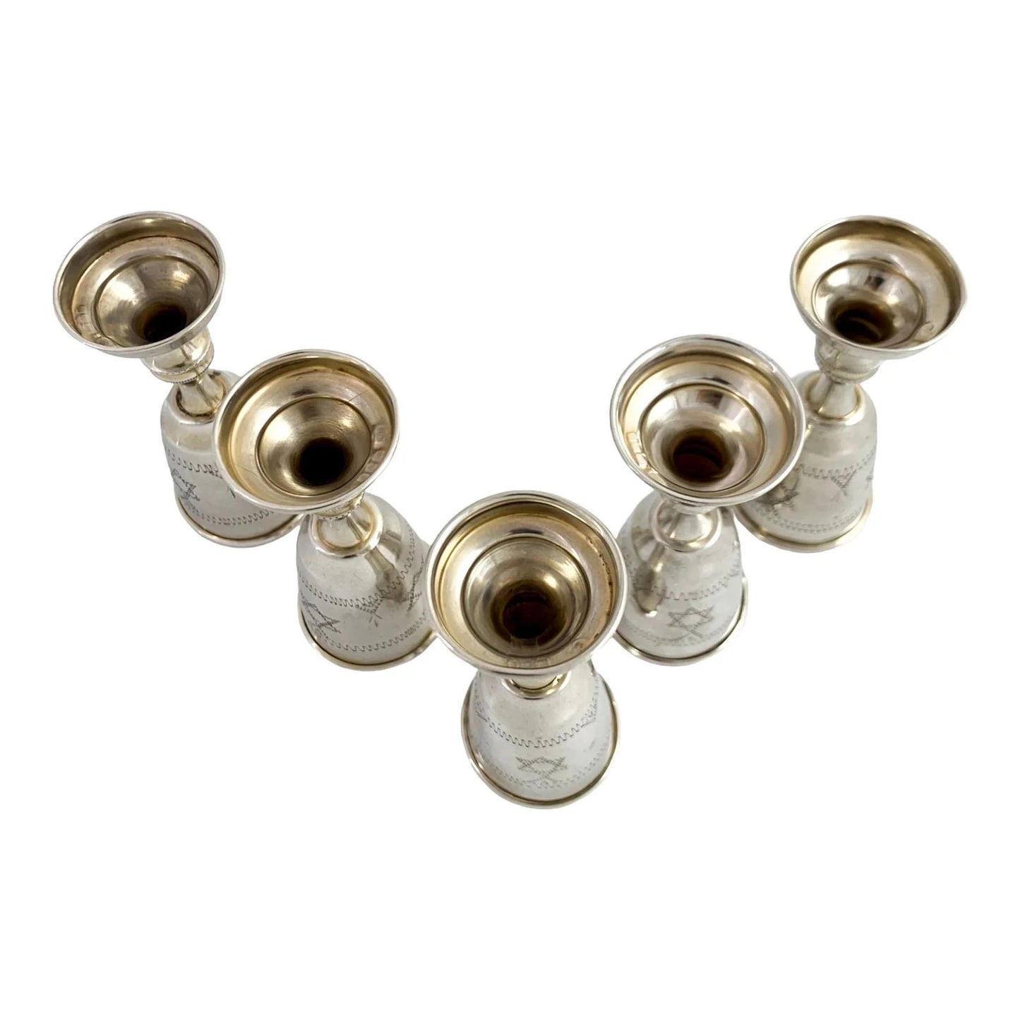 George V Jacob Rosenzweig 5 gilt sterling silver Kiddush wine cups, Star of David wrigglework