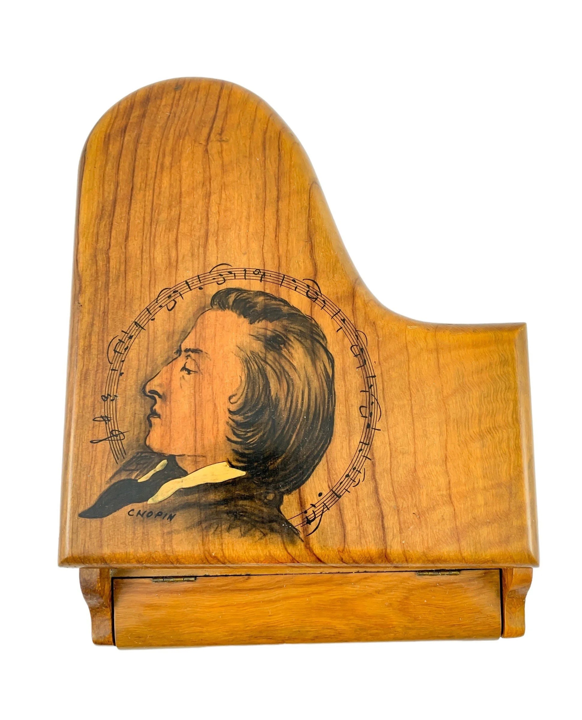 Antique Thorens baby grand piano walnut music jewellery box, silk lined, Emperor Waltz