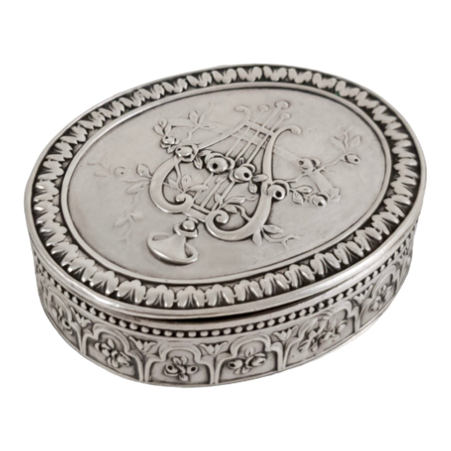 Antique Continental gilt solid silver oval snuff / pill box embossed with lyre and flower garlands