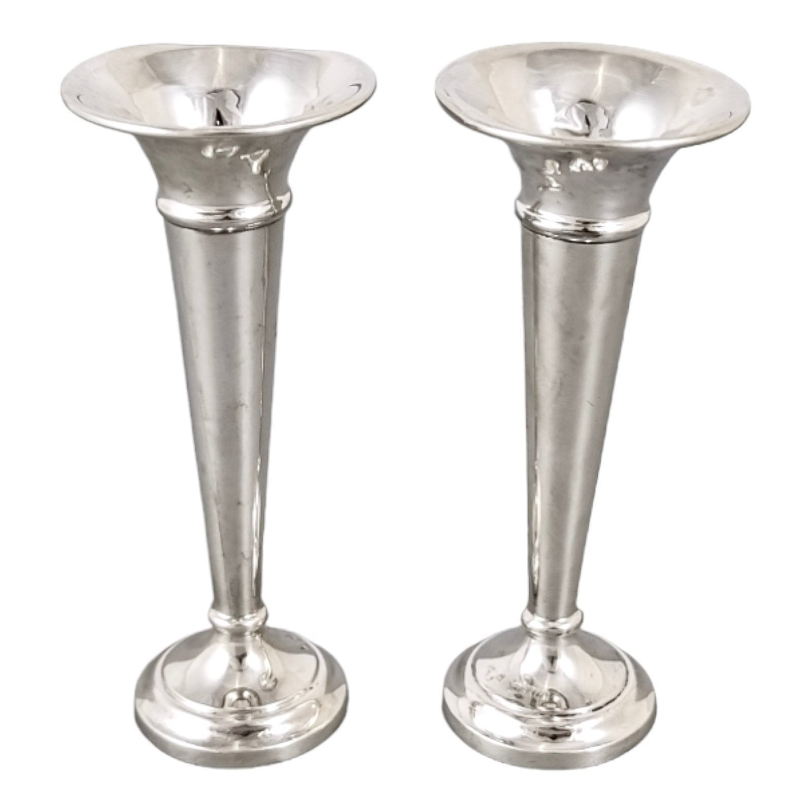 Vintage sterling silver pair 2 trumpet vases / specimen posy holders