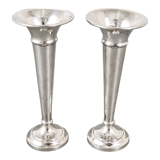 Vintage sterling silver pair 2 trumpet vases / specimen posy holders