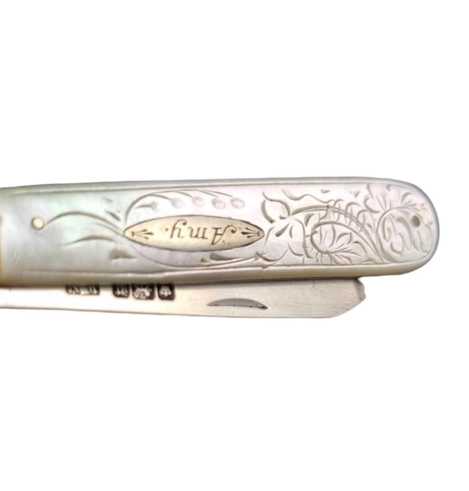 Edwardian sterling silver engraved mother-of-pearl folding pocket pen fruit knife, William Needham, 1907, inscribed “Amy”