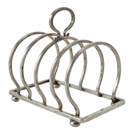 George V round sterling silver 4 slot 5 bar toast rack raised on bun feet, Walker & Hall