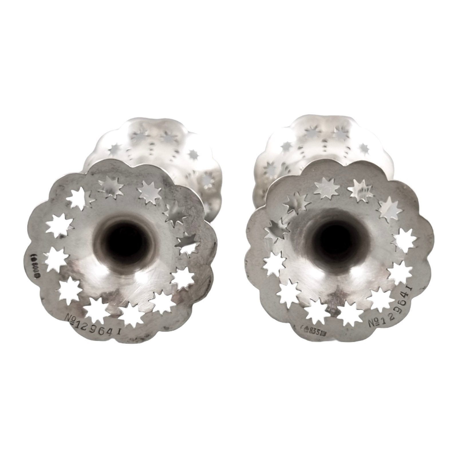Edwardian German 835 solid silver pair of spill bud vases Bruckmann & Söhne, pierced star design