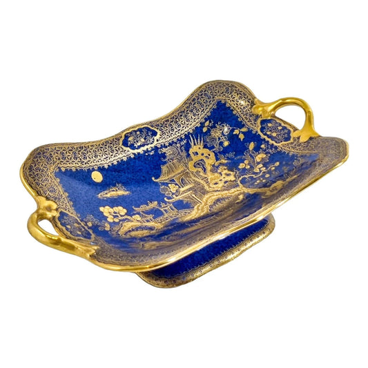 Art Deco Wilton Ware centrepiece two-handled oblong bowl, AG Harley Jones gold and cobalt blue Chinoiserie 5008