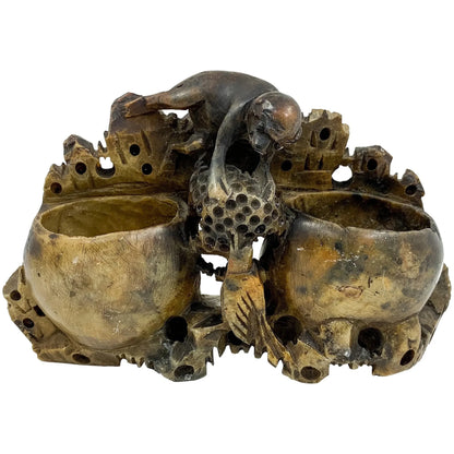 Chinese Republic yellow black soapstone calligraphy double brush pot with monkey and bird