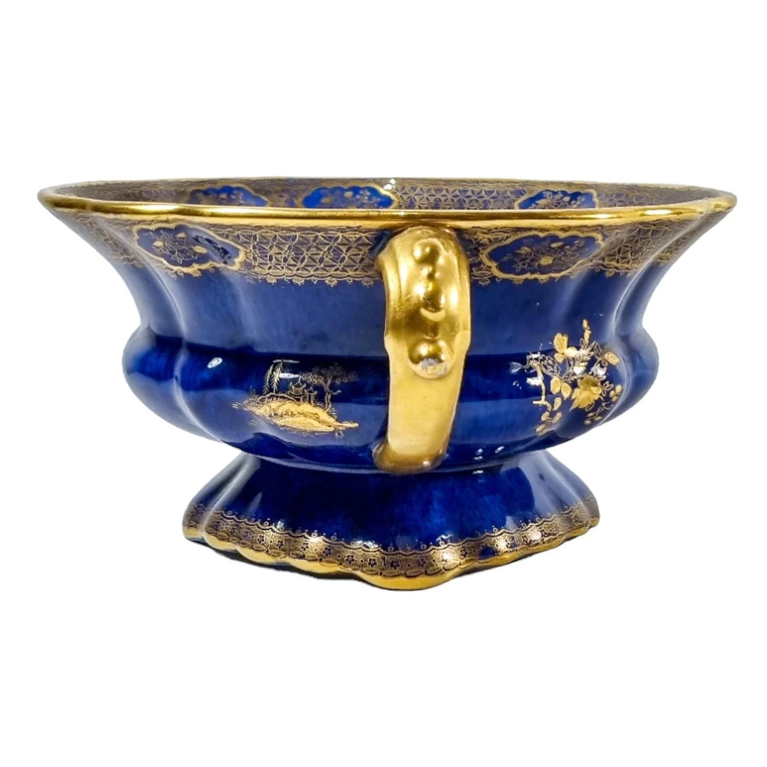 Art Deco Wilton Ware centrepiece two-handled bowl, AG Harley Jones gold and cobalt blue Chinoiserie 5008
