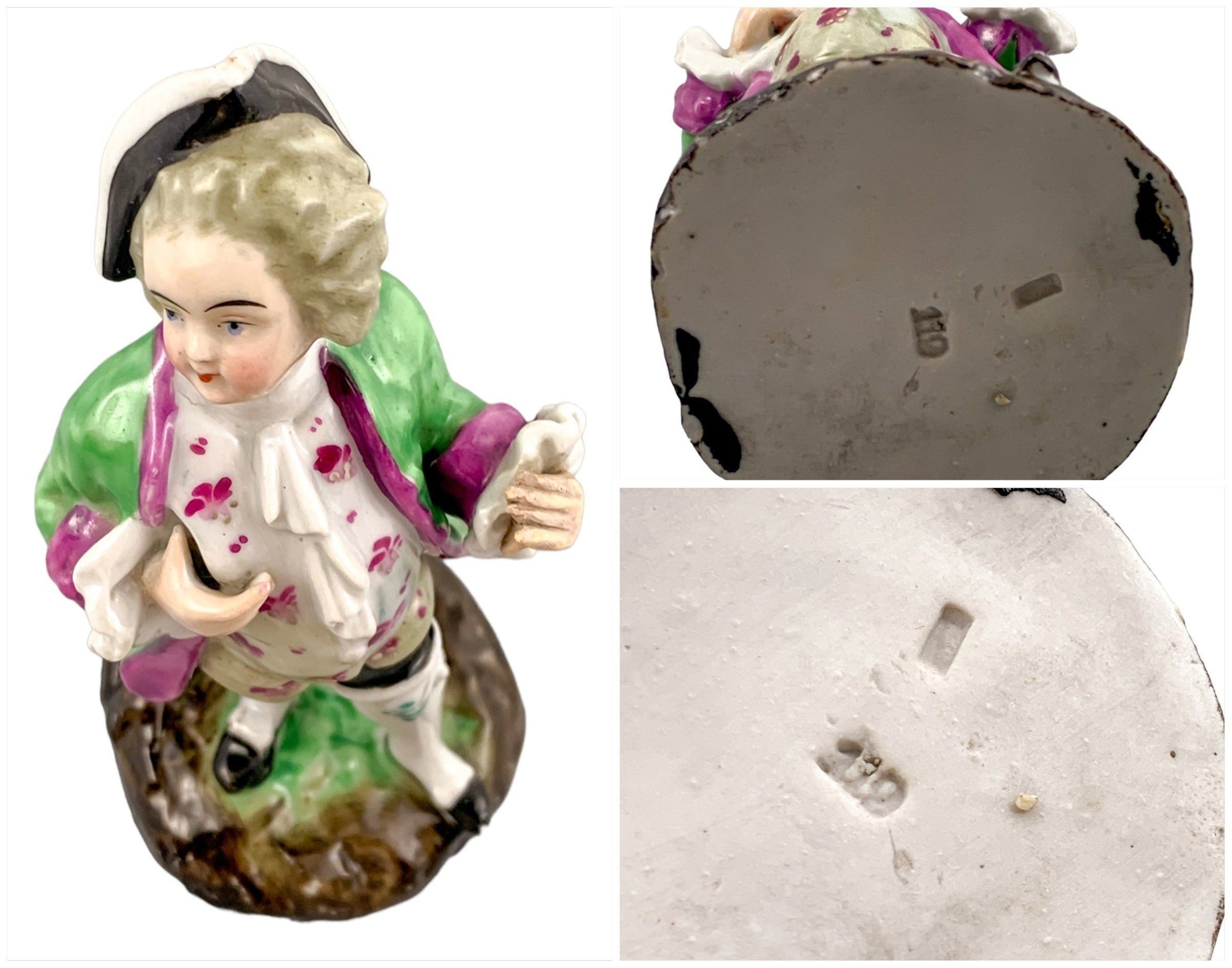 Victorian set of 3 German porcelain figurines – Regency dandy, fruit seller and musician