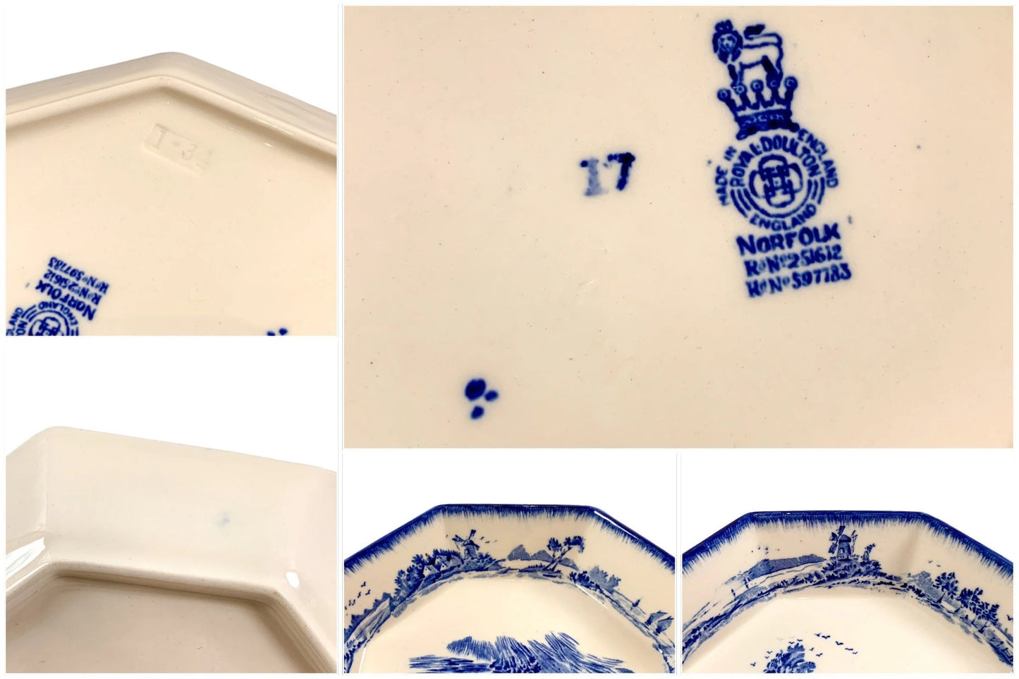 Pair of Royal Doulton serving platters, blue and white “Norfolk” windmill design, hexagonal dish