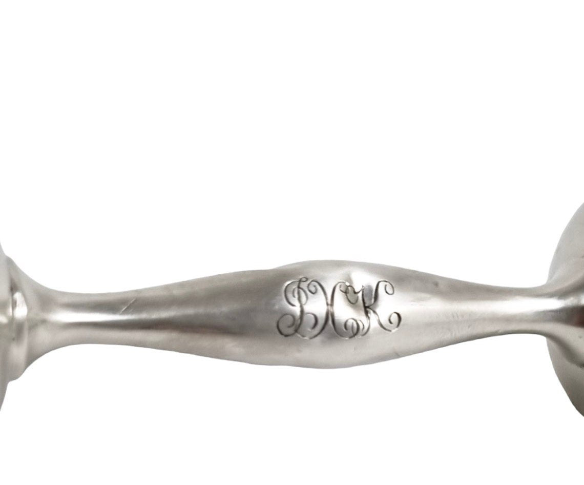 Webster sterling silver Peter Rabbit dumbbell baby rattle, Christening present, embossed flowers, Bunny art