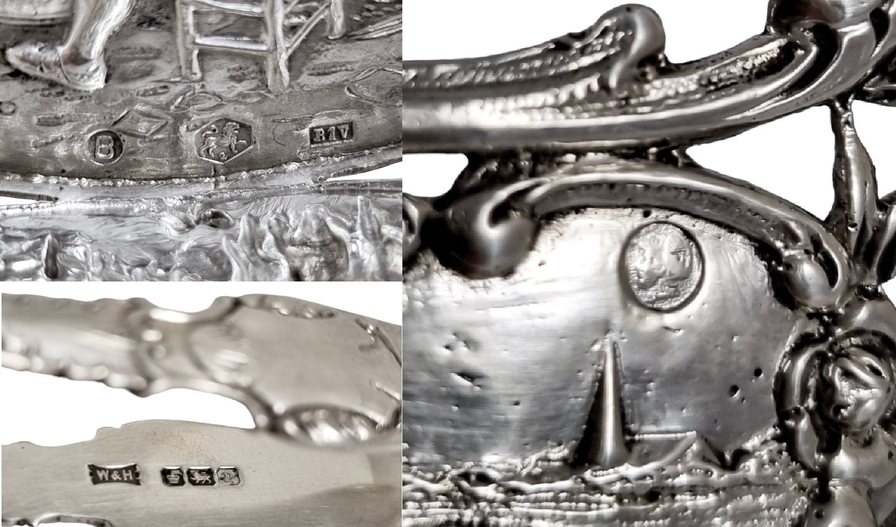 Bijkamp & Co Dutch silver bon bon pierced basket lion paw feet, village scenes and sugar tongs