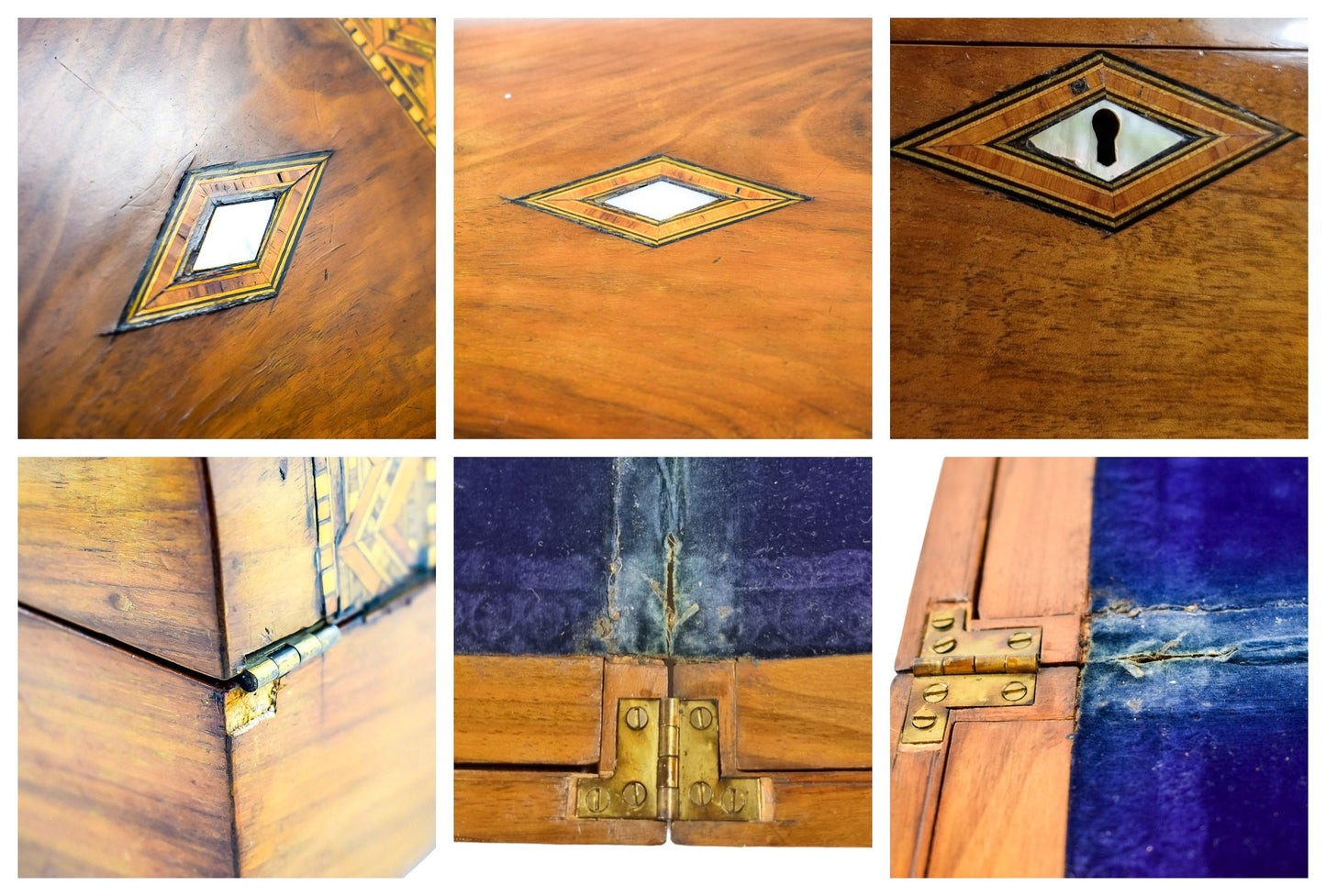 Georgian walnut Tunbridge Ware domed writing slope with mother-of-pearl cartouche and geometric marquetry