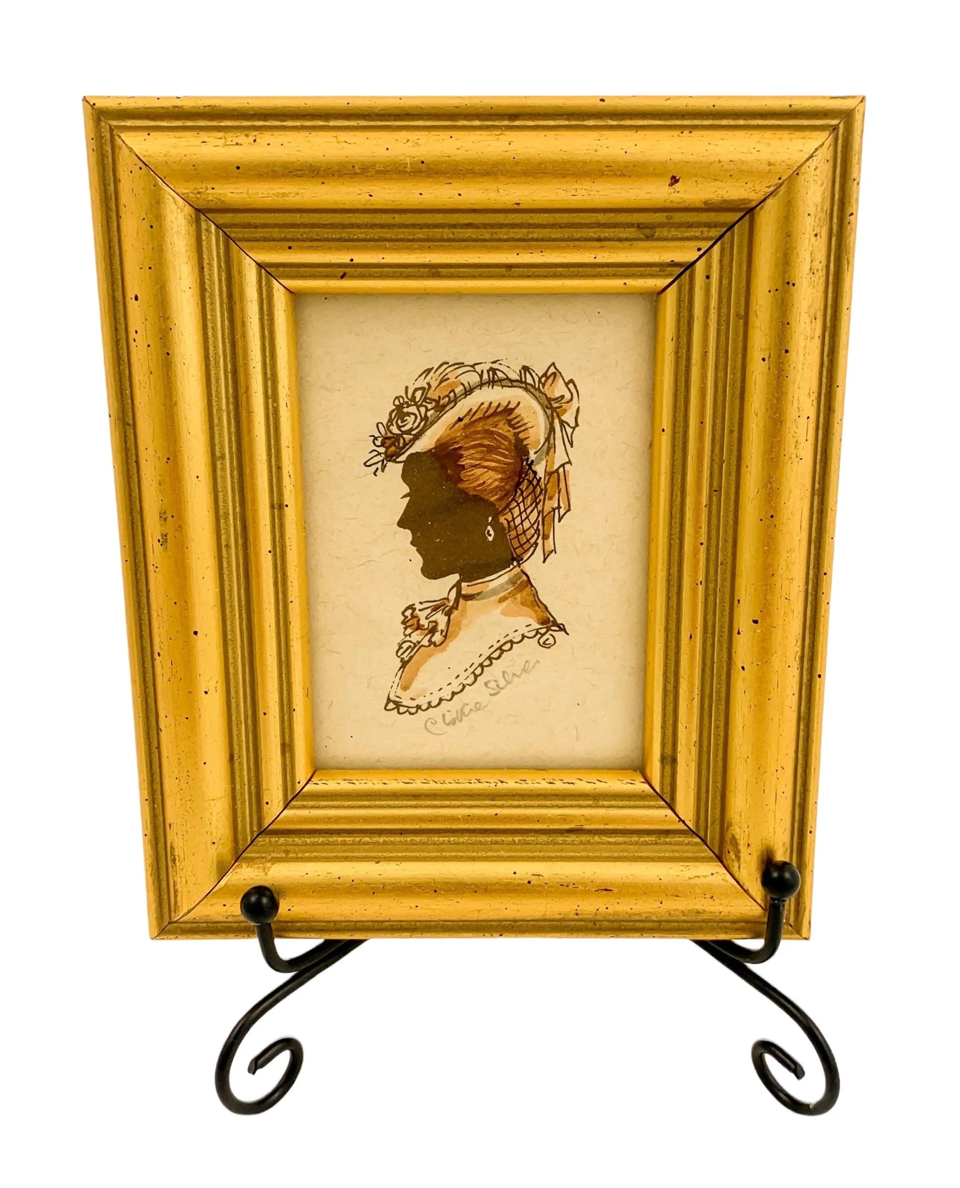 Vintage set of 4 Christine Silver silhouettes in gilt wood frames, sepia watercolour and pencil, signed, glazed