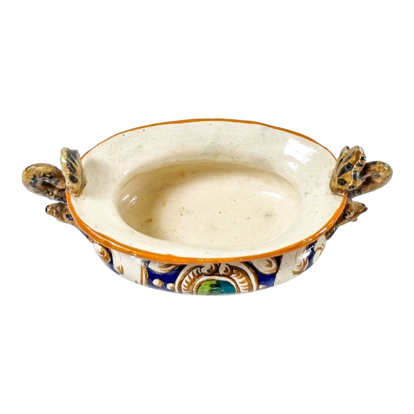Antique Italian pottery majolica baluster bowl with Renaissance sea monster dolphin handles
