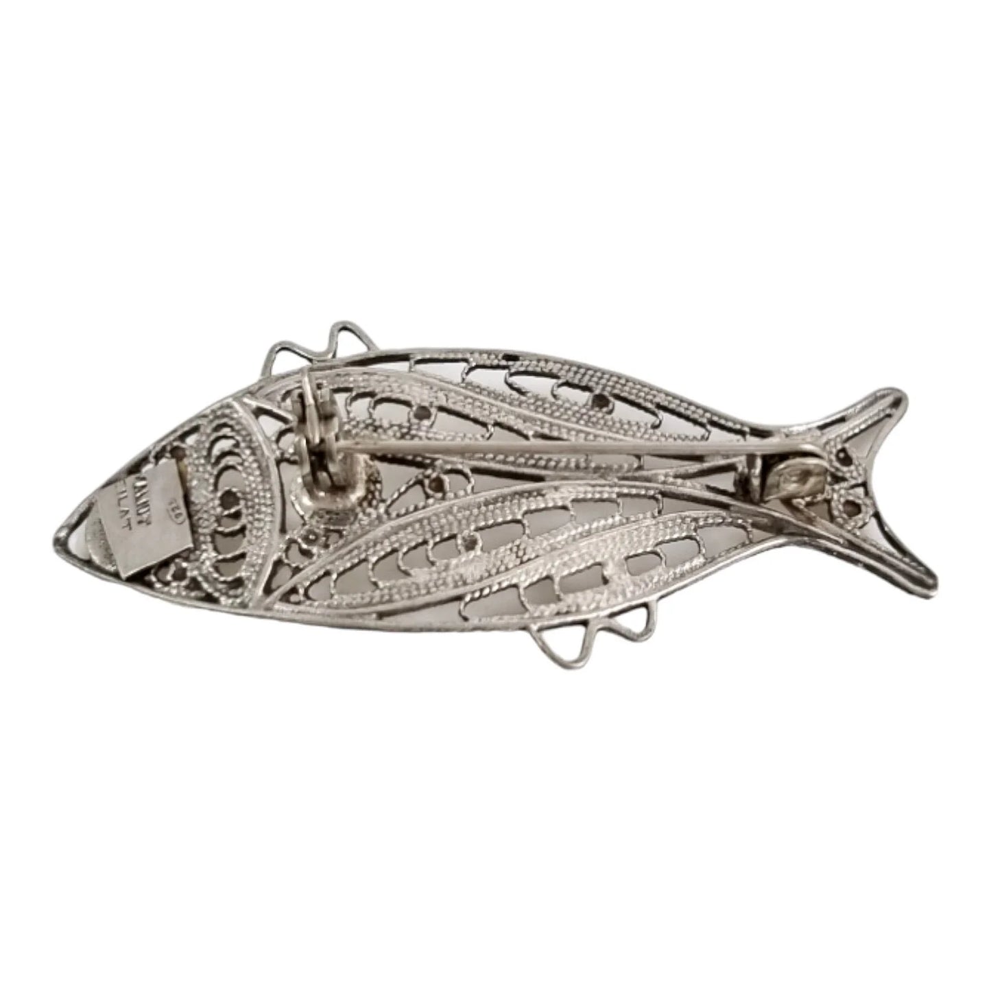 Vintage Malkit sterling silver Israeli Yemenite filigree fish brooch with green malachite Solomon Eilat stone