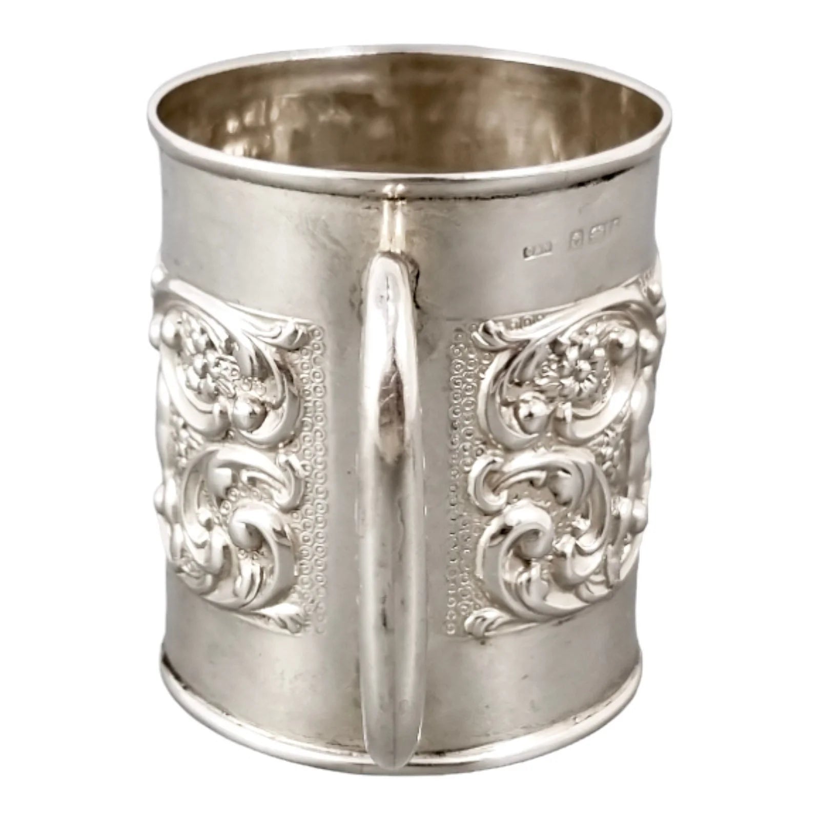 Edwardian sterling silver Christening cup embossed cherubs, rabbits and scrolling foliage, Crisford & Norris