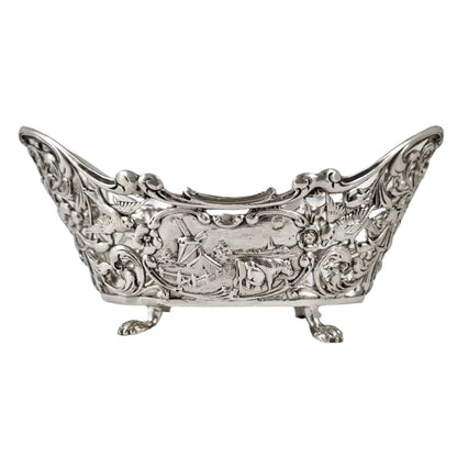 Bijkamp & Co Dutch silver bon bon pierced basket lion paw feet, village scenes and sugar tongs