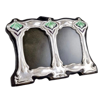 Miniature Art Nouveau / Arts & Crafts style sterling silver double photo frame in green and purple enamels