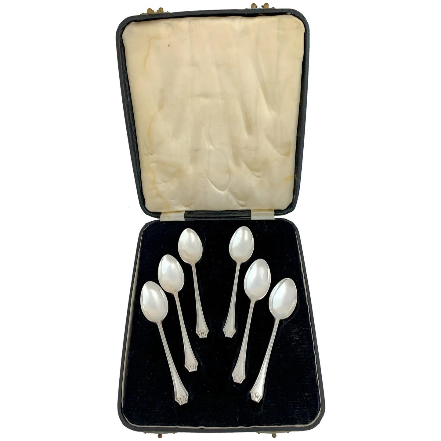 Boxed Art Deco sterling silver set of 6 large beaded teaspoons with Grecian terminals