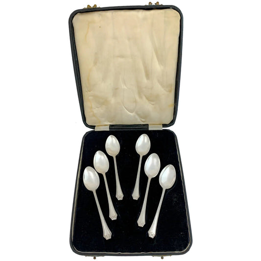 Boxed Art Deco sterling silver set of 6 large beaded teaspoons with Grecian terminals