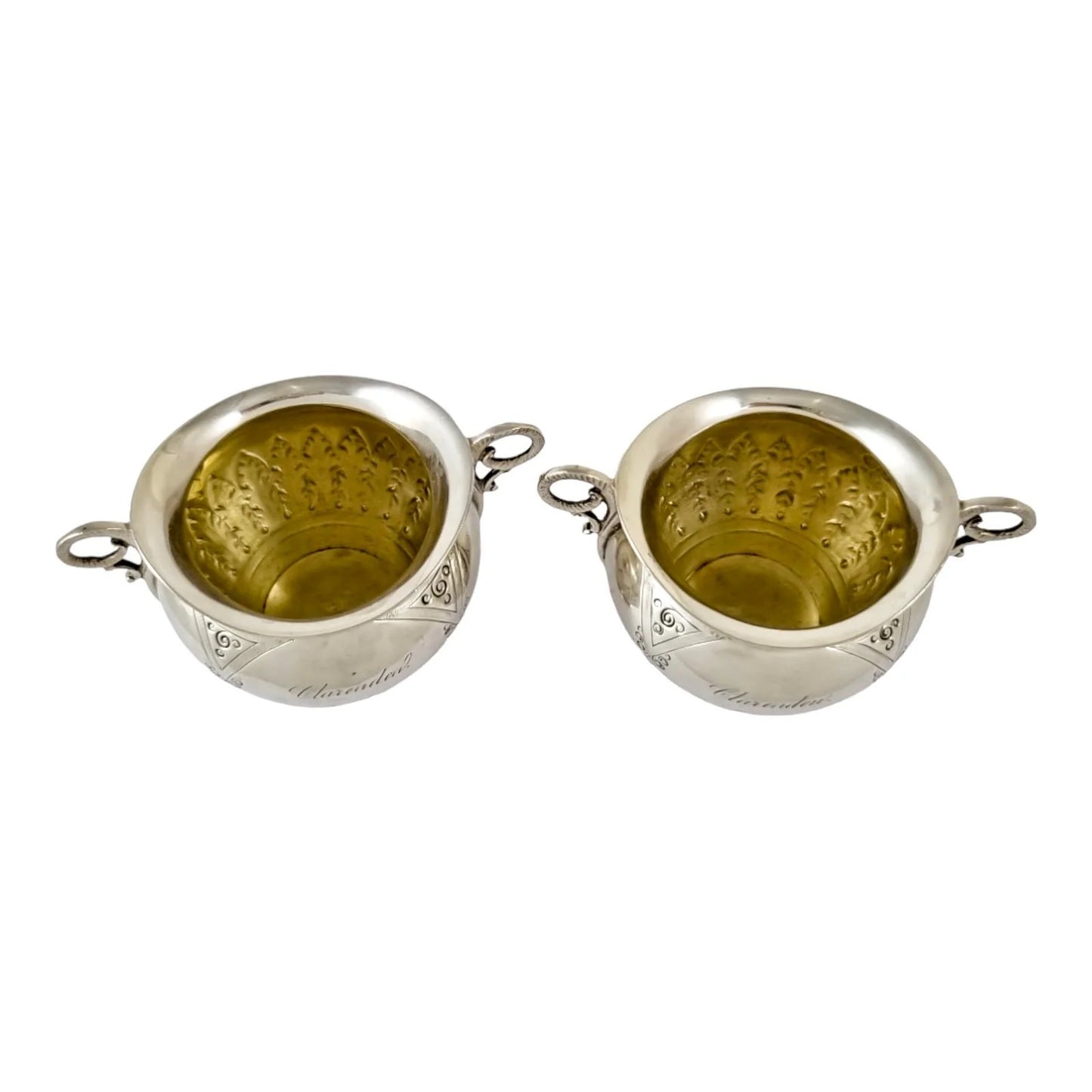 American 19th century P.L. Krider pair of large gilt silver table salts with ram horn handles and palmettes