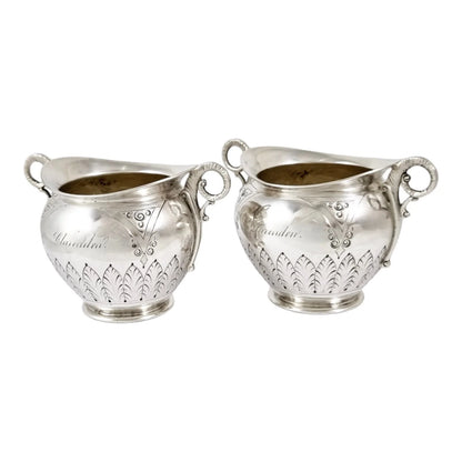 American 19th century P.L. Krider pair of large gilt silver table salts with ram horn handles and palmettes