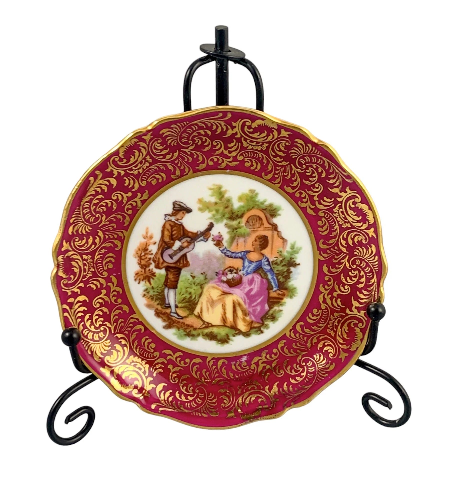 Vintage Meissner Limoges graduated set of 4 miniature fluted plates; courting couples in red and gilt