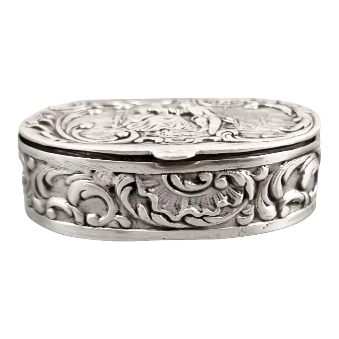 Victorian 800 solid silver gilt oval snuff pill box embossed gallant courting couple and scrolls