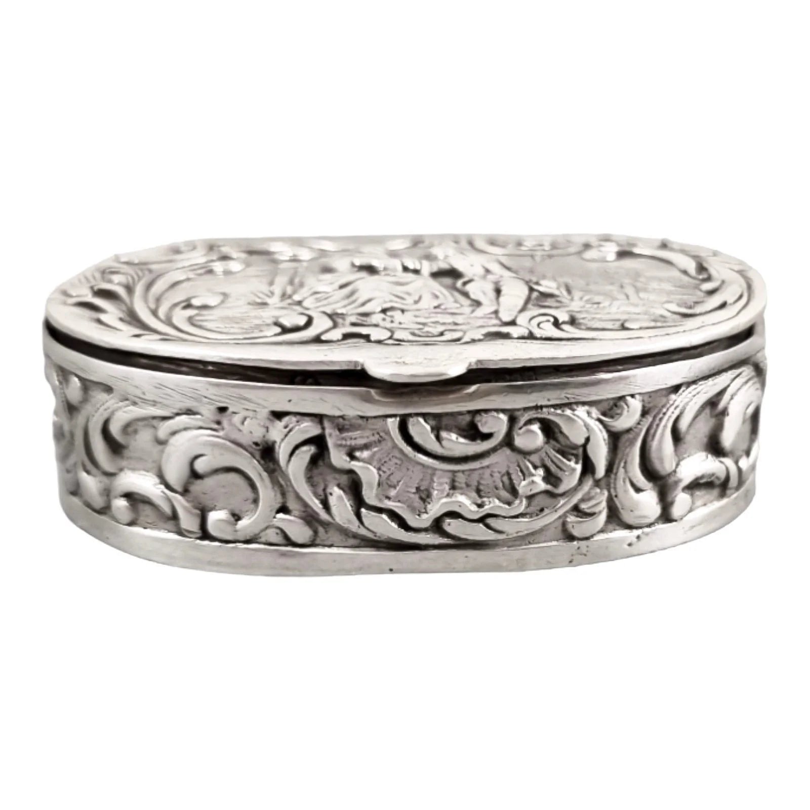 Victorian 800 solid silver gilt oval snuff pill box embossed gallant courting couple and scrolls