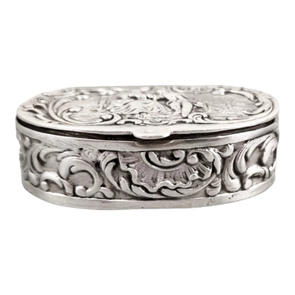 Victorian 800 solid silver gilt oval snuff pill box embossed gallant courting couple and scrolls