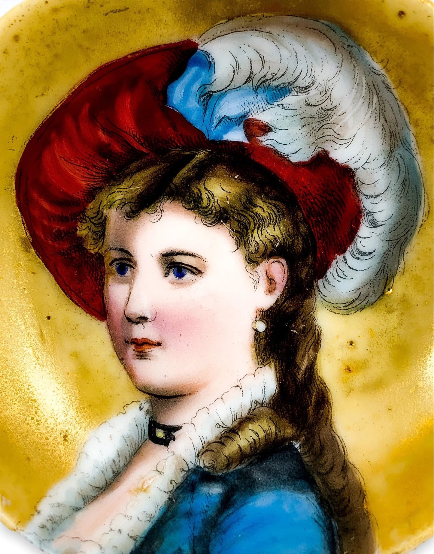 19th Century German Biedermeier KPM miniature porcelain bowl / trinket dish with portrait of lady in feather hat