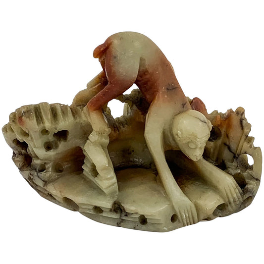 Chinese Republic red yellow soapstone figurine of small monkey on rocks