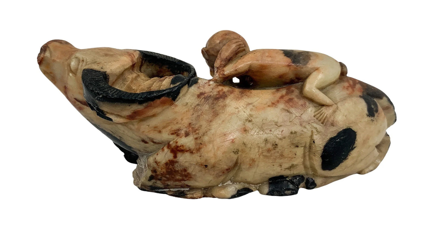 19th century Chinese Qing dynasty soapstone figurine of monkey riding a water buffalo