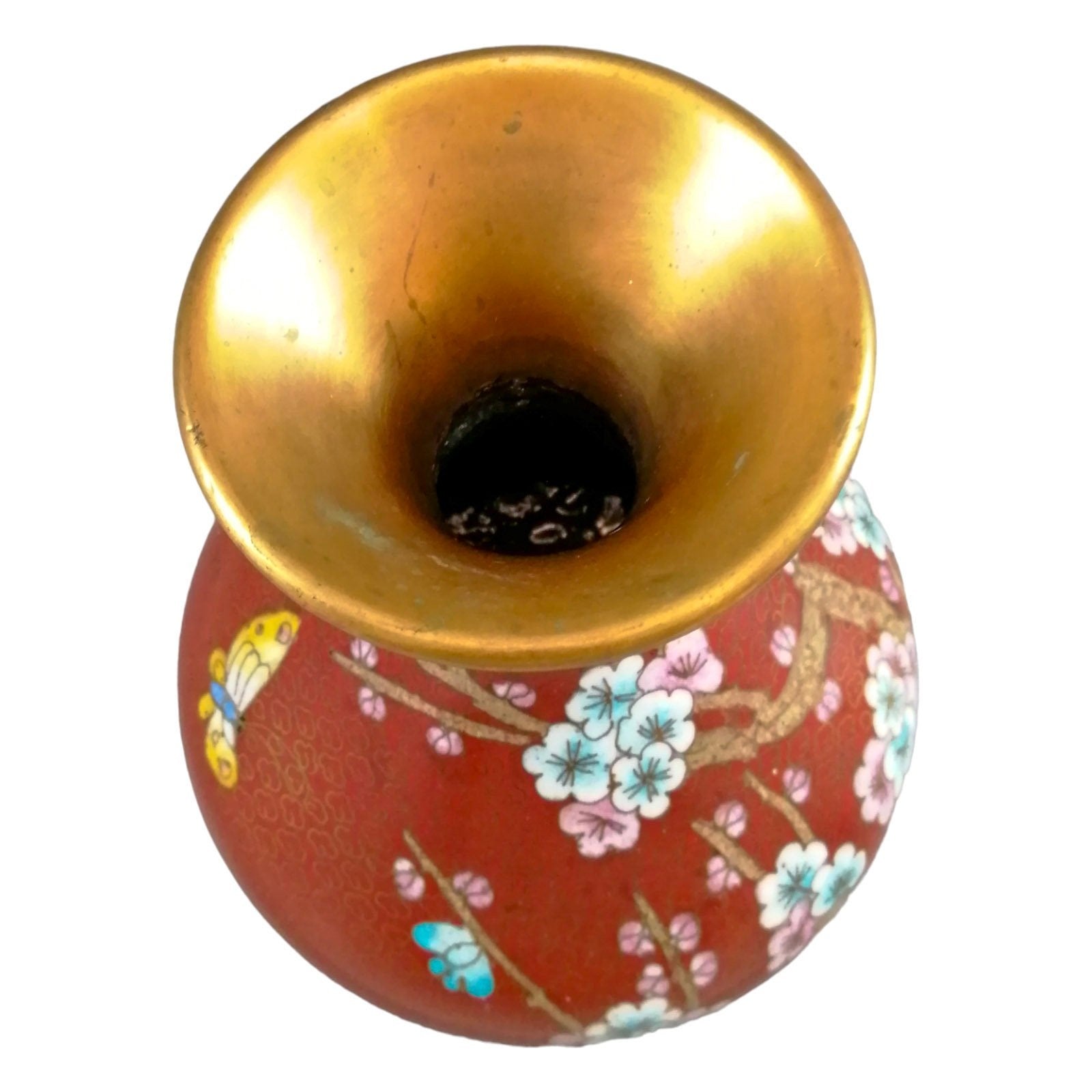 Vintage Chinese burnt red cloisonné bottle vase, pink and blue dogwood flowers