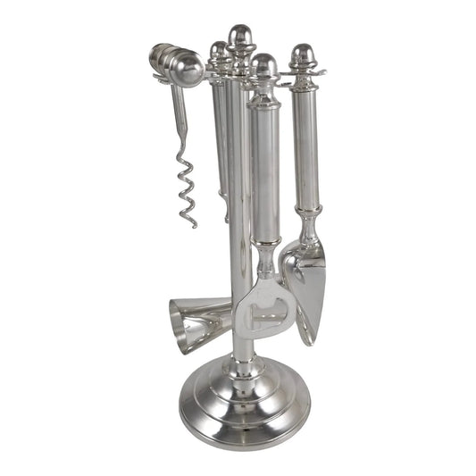 Silver plated bar accessory cocktail making set – corkscrew, double shot measure, ice scoop, bottle opener