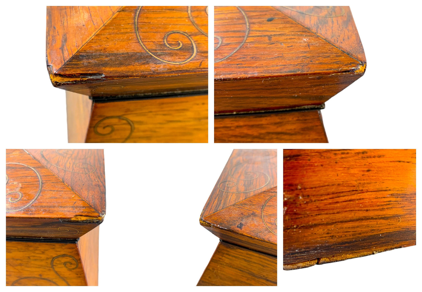 William IV rosewood sarcophagus jewellery box with turned handles and floral mother-of-pearl inlay