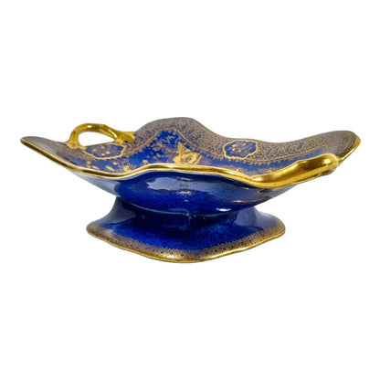 Art Deco Wilton Ware centrepiece two-handled oblong bowl, AG Harley Jones gold and cobalt blue Chinoiserie 5008