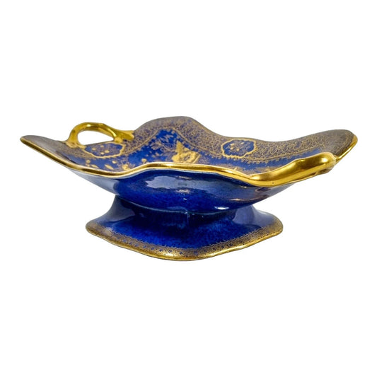 Art Deco Wilton Ware centrepiece two-handled oblong bowl, AG Harley Jones gold and cobalt blue Chinoiserie 5008