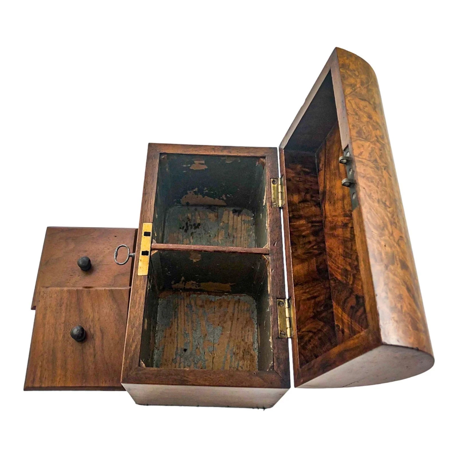 Victorian burr walnut two-section domed tea caddy with working key