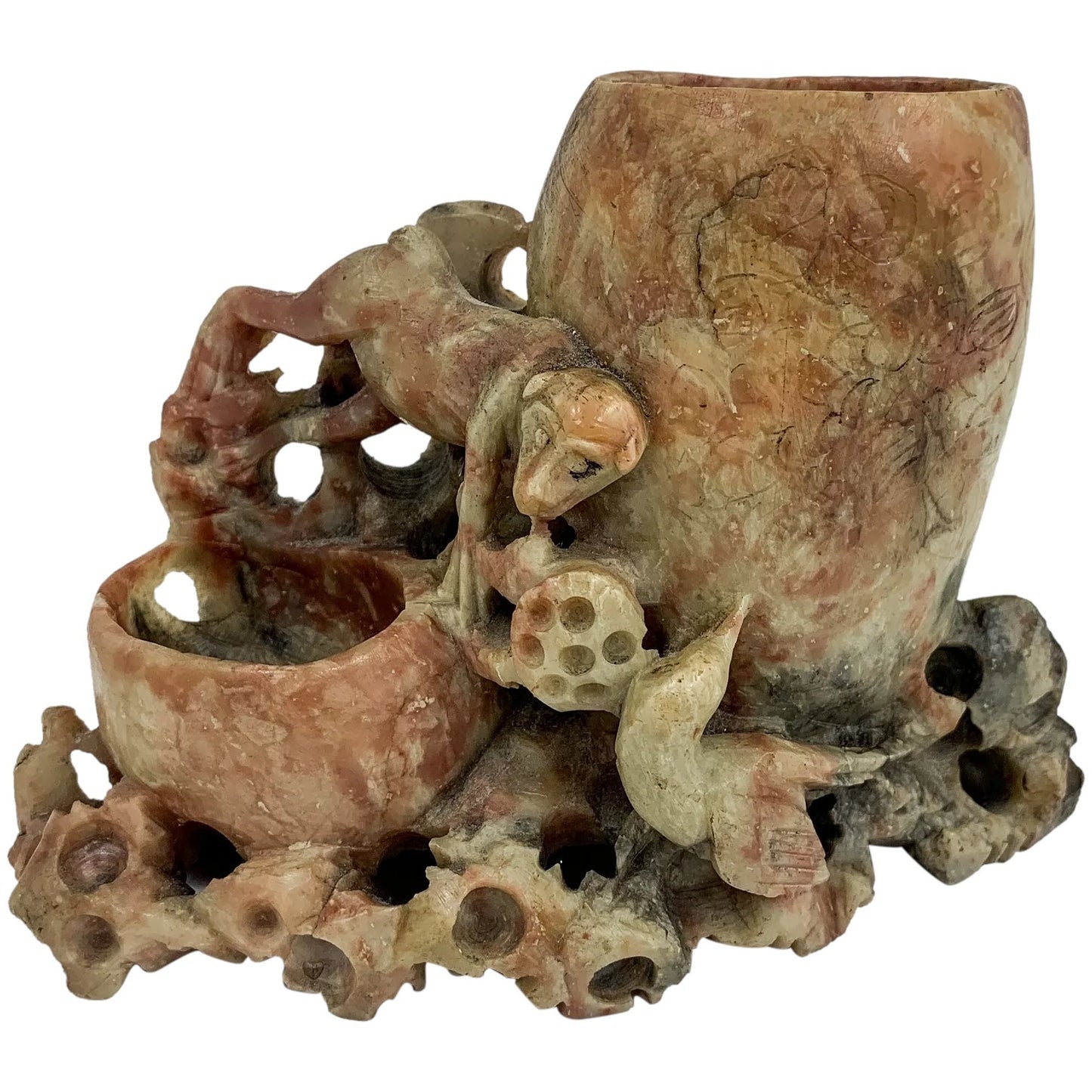 Chinese Republic soapstone calligraphy figural brush washer and brush pot with monkeys and bird figurine