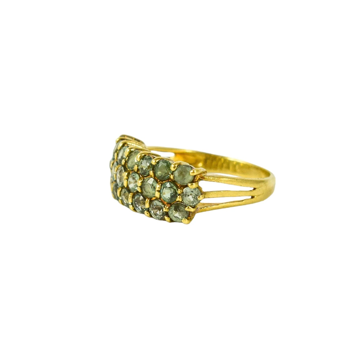 Vintage 9ct yellow gold alexandrite triple row band dress ring size N, split shank