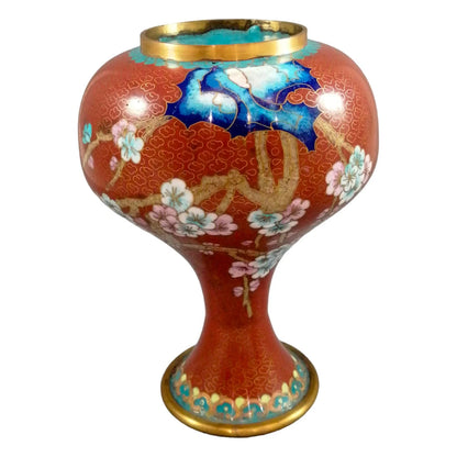Vintage Chinese burnt red cloisonné bottle vase, pink and blue dogwood flowers