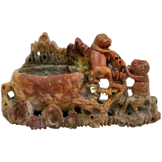 Chinese Republic soapstone calligraphy figural brush washer pot with monkeys and bird figurine