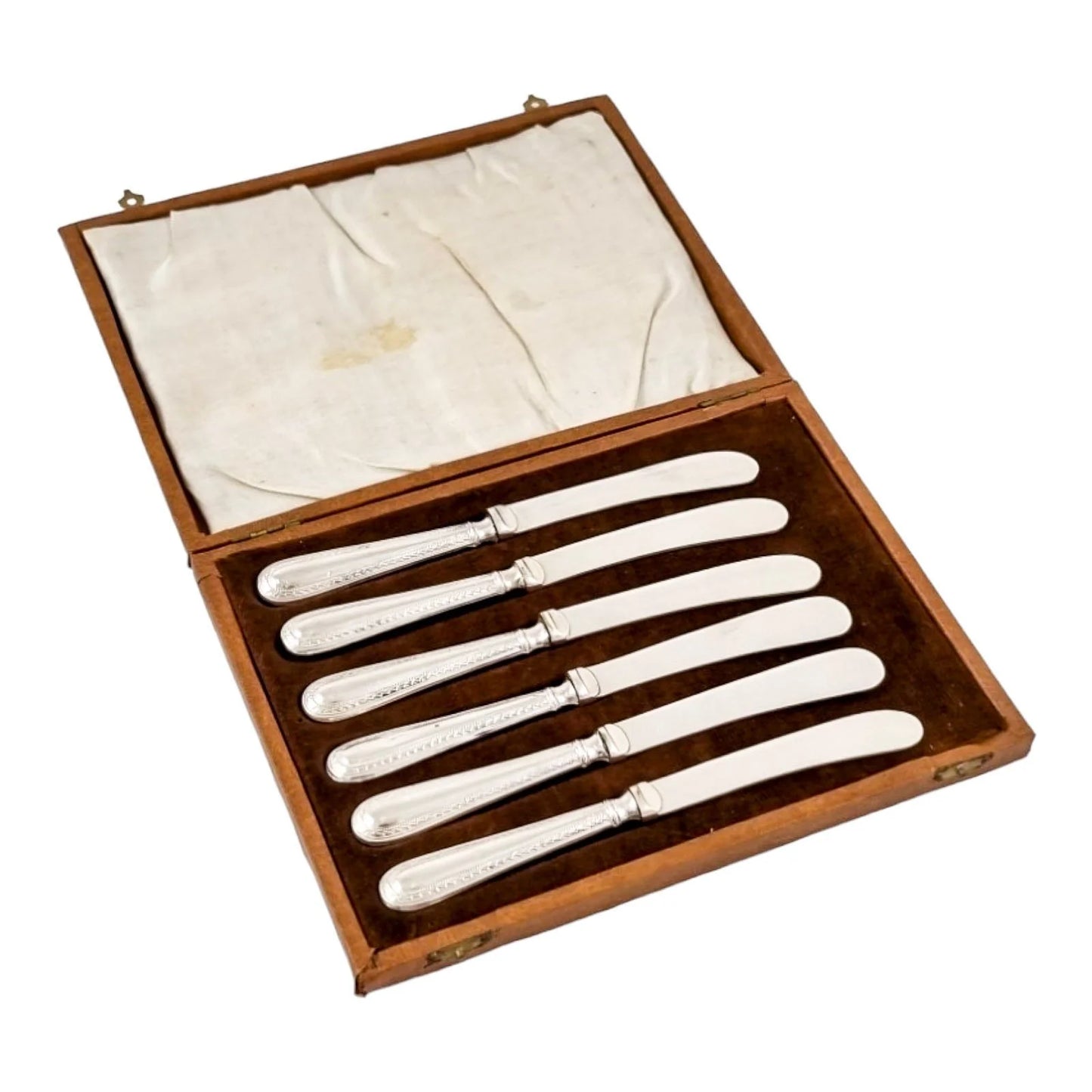 Art Deco sterling silver set 6 tea butter knives, geometric bands, cased, Yates Bros, 1932