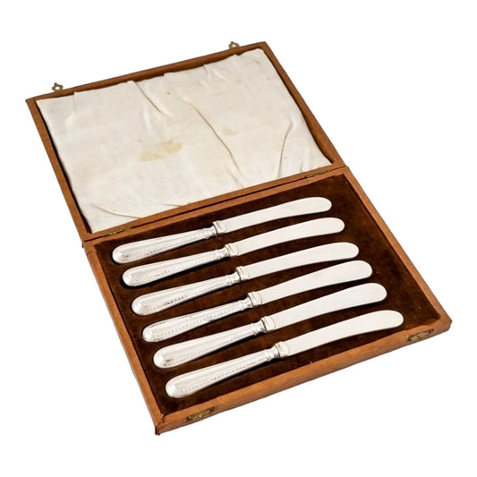 Art Deco sterling silver set 6 tea butter knives, geometric bands, cased, Yates Bros, 1932
